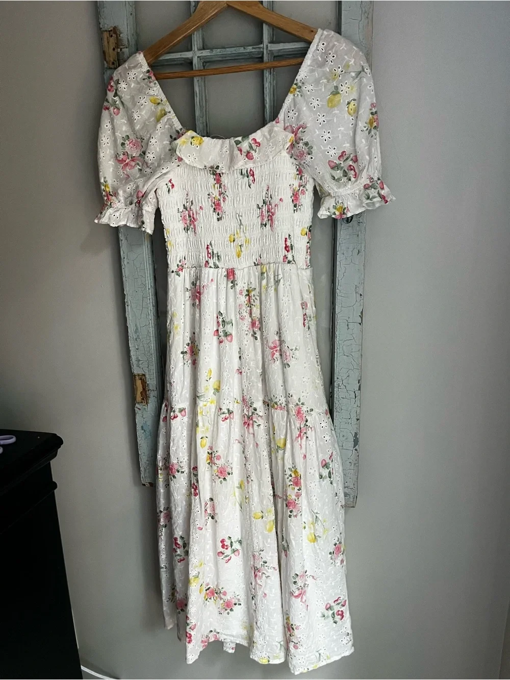 Crystal Sky Floral Eyelet Smocked Midi Dress - Size XS